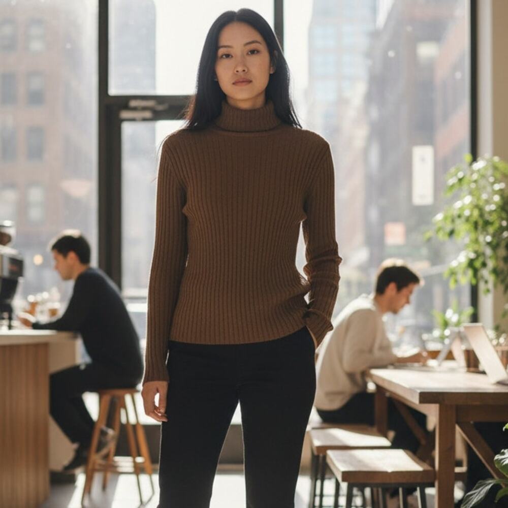 Vintage New York & Co Brown Ribbed Knit Turtleneck Sweater Medium Neutral Rib